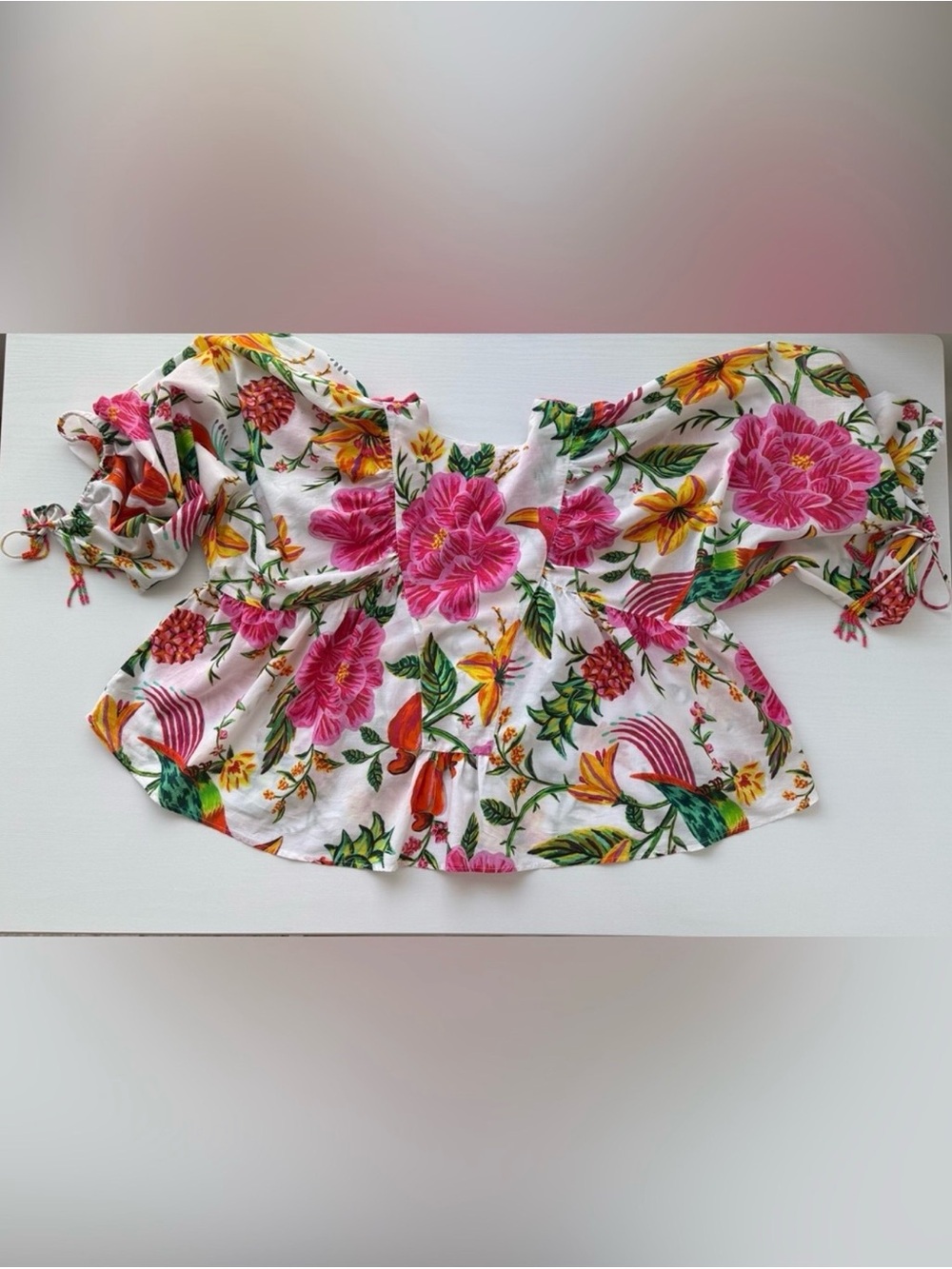 FARM Rio White Floral Boho Tie-Front Ruffle Blouse - Picture 4 of 12